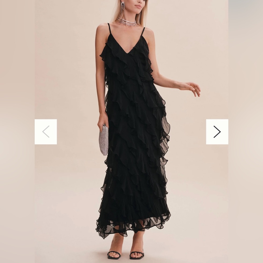 BHLDN JIA BIAS-CUT RUFFLED V NECK GOWN - Black Dress Anthropologie